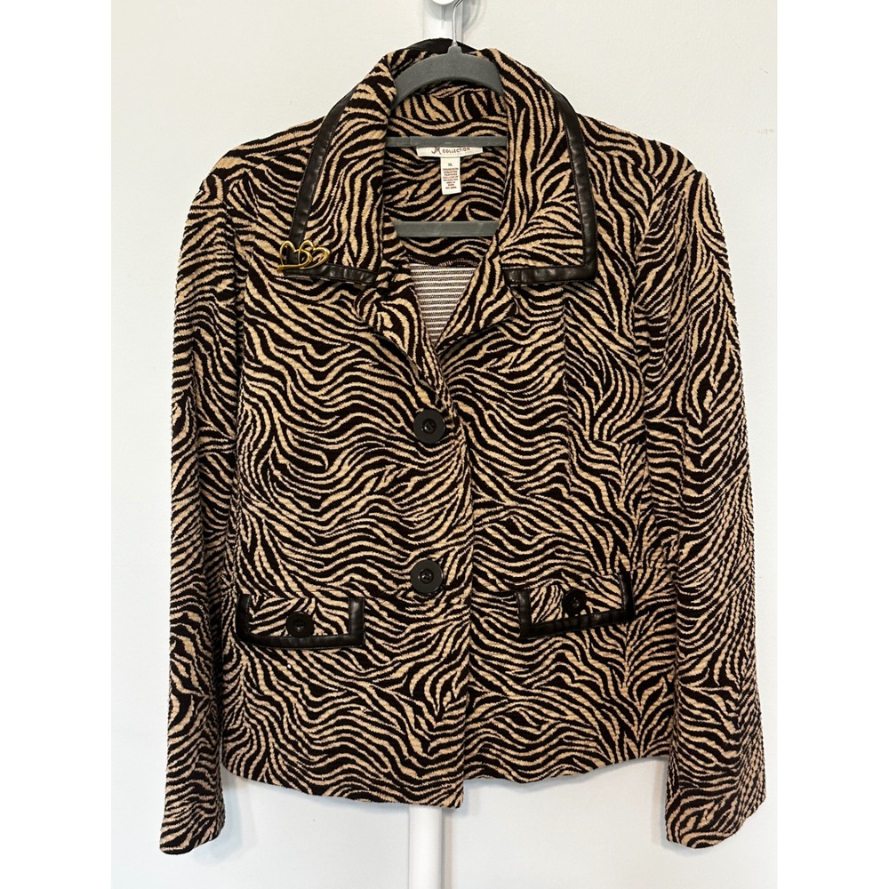 JM Collection Zebra Print Blazer Faux Leather Trim Heart Brooch Tan Black XL